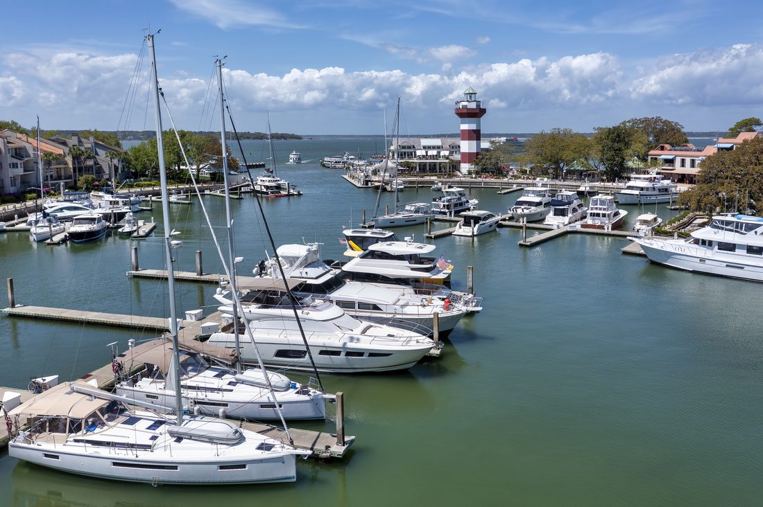 Aerial view of the marina and lighthouse