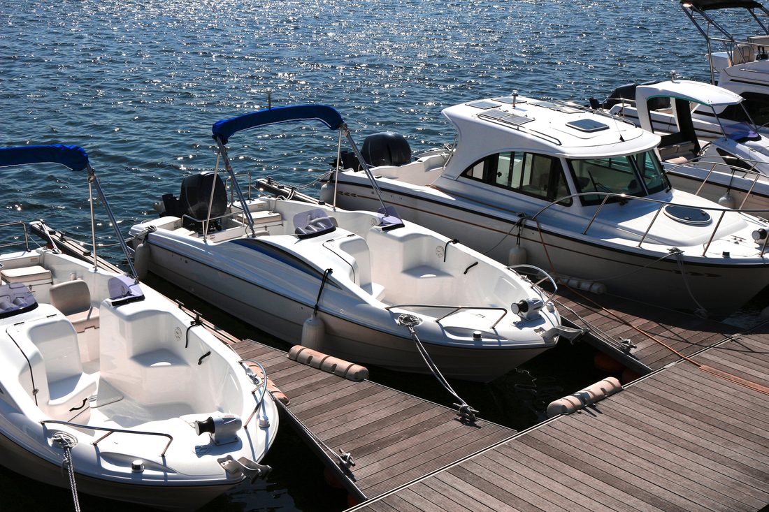 Powerboats tied up along the dock